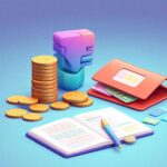 Moedas empilhadas, calculadora, carteira aberta com notas, caderno com anotações e caneta, representando o controle financeiro.