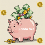 um cofrinho de porquinho com dinheiro em volta, renda fixa escrito no cofrinho