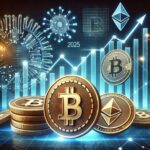 criptomoedas como Bitcoin, Ethereum e Solana flutuando em um ambiente futurista.